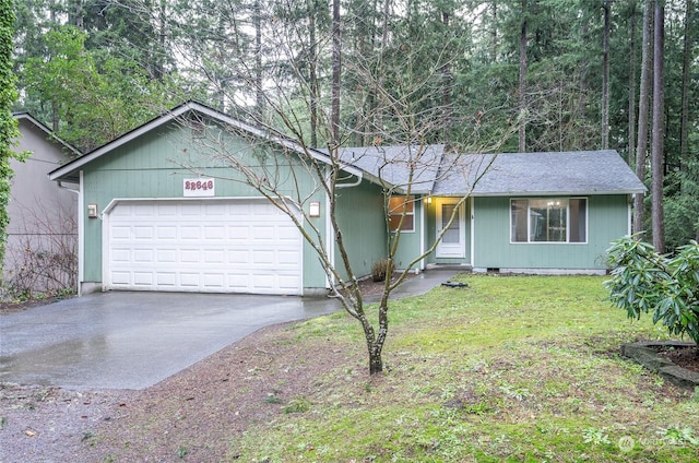 single story home with a front lawn and a garage