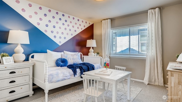 carpeted bedroom featuring lofted ceiling