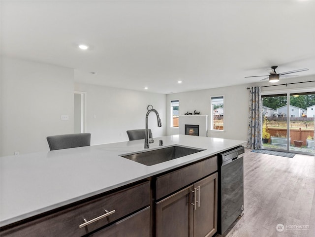 kitchen with stainless steel dishwasher, dark brown cabinetry, ceiling fan, sink, and light hardwood / wood-style flooring