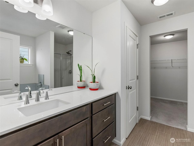 bathroom with vanity and a shower with shower door