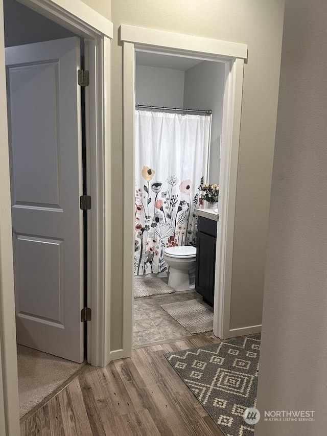 bathroom featuring hardwood / wood-style floors, vanity, and toilet