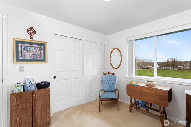 living area with baseboards and light carpet