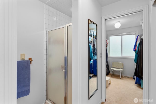 full bath featuring a walk in closet and a shower stall