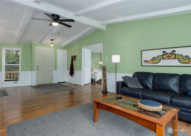 4495 Sequim Dungeness Way, Sequim, WA 98382 - living area featuring wood finished floors, a wainscoted wall, and ceiling fan