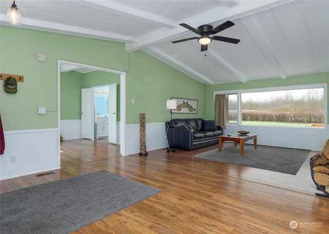 4495 Sequim Dungeness Way, Sequim, WA 98382 - living area with a wainscoted wall, wood finished floors, and ceiling fan