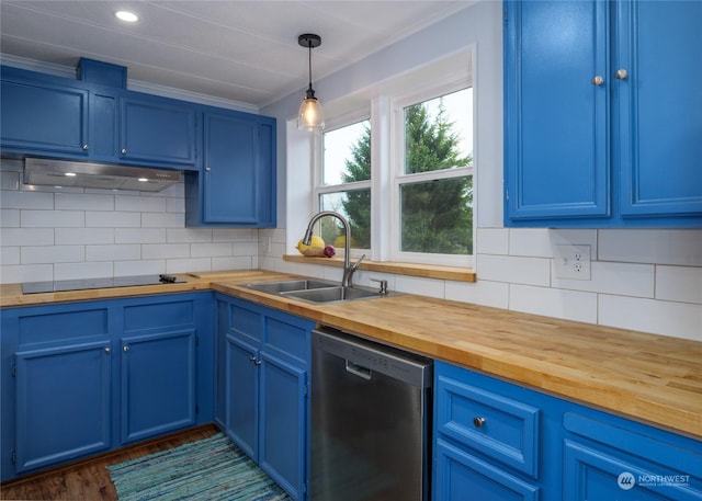 4495 Sequim Dungeness Way, Sequim, WA 98382 - kitchen with butcher block countertops, stainless steel dishwasher, blue cabinetry, under cabinet range hood, and black electric cooktop