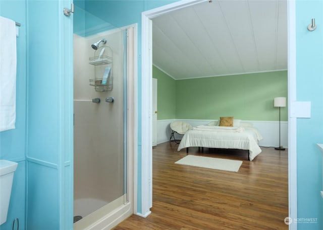 4495 Sequim Dungeness Way, Sequim, WA 98382 - bathroom with a shower stall, wood finished floors, and crown molding