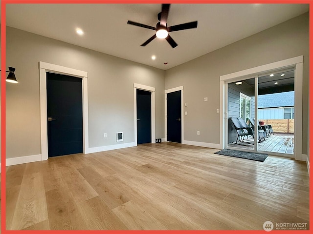 109 Sunrise Ave SE, Ocean Shores, WA 98569 - unfurnished living room with a ceiling fan, light wood-style floors, recessed lighting, and baseboards
