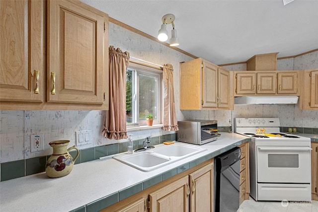 kitchen with sink, dishwasher, white electric stove, light brown cabinetry, and ornamental molding