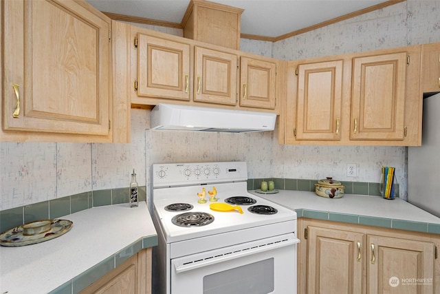 kitchen with electric range and light brown cabinetry