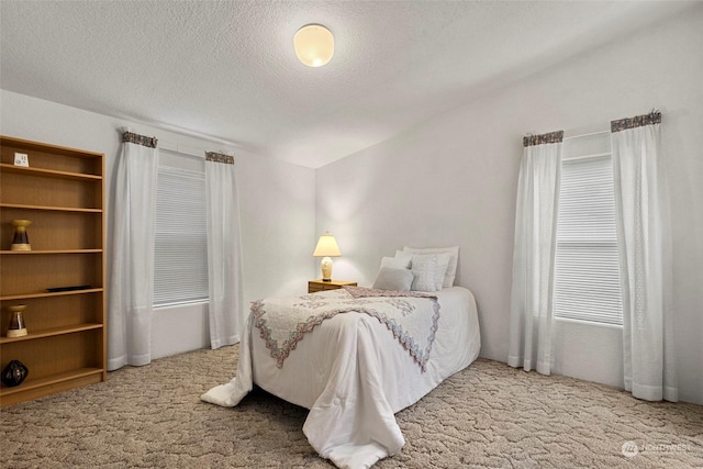 bedroom with carpet and a textured ceiling