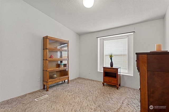 interior space with a textured ceiling, light carpet, and vaulted ceiling