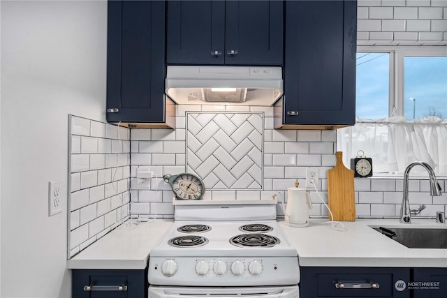 kitchen featuring decorative backsplash, white electric range, blue cabinetry, and sink