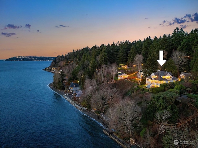 aerial view at dusk with a water view