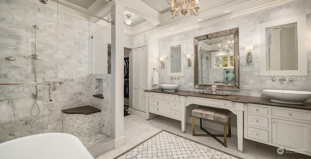 bathroom featuring ornamental molding, beam ceiling, plus walk in shower, and vanity