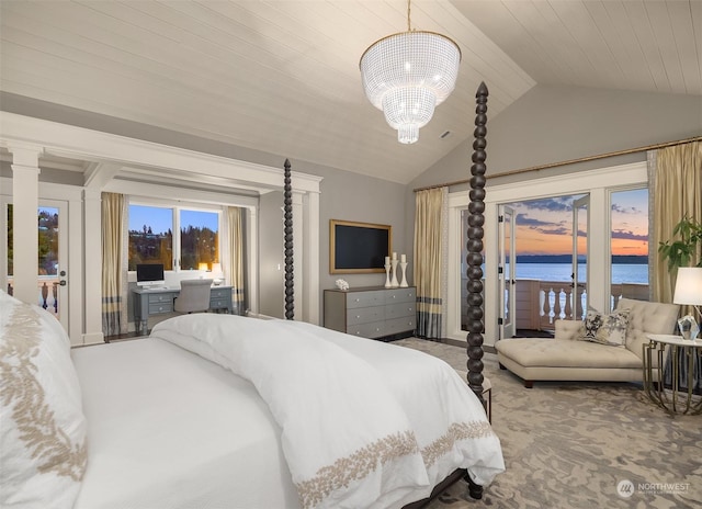 carpeted bedroom featuring wood ceiling, access to outside, vaulted ceiling, and a chandelier