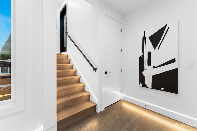 stairway featuring hardwood / wood-style floors