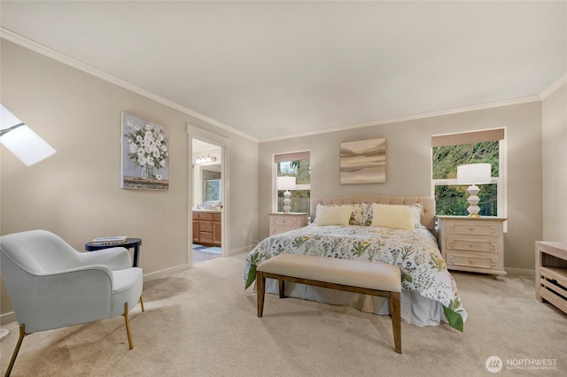 bedroom featuring ornamental molding, connected bathroom, light colored carpet, and baseboards