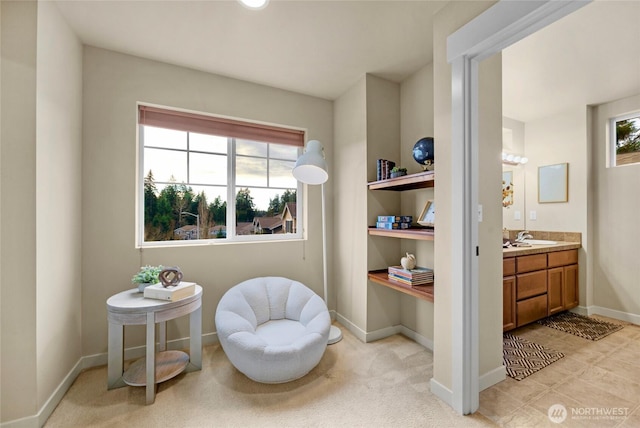 sitting room featuring light carpet and baseboards