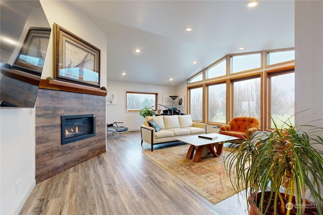 living room with lofted ceiling, a fireplace, and light hardwood / wood-style flooring