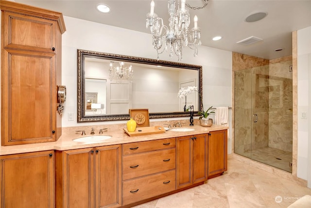 2031 42nd Ave E, Seattle, WA 98112 - bathroom with a chandelier, a stall shower, double vanity, and recessed lighting