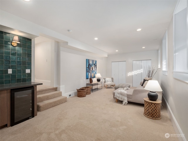 living room featuring carpet and wine cooler