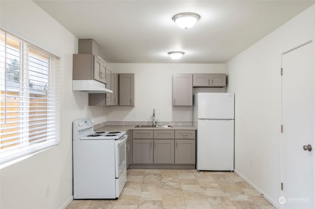 243 23rd Ave Unit 1-9, Longview, WA 98632 - kitchen with white appliances, gray cabinets, under cabinet range hood, and plenty of natural light