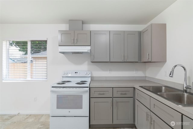 243 23rd Ave Unit 1-9, Longview, WA 98632 - kitchen featuring white electric range, gray cabinets, and under cabinet range hood