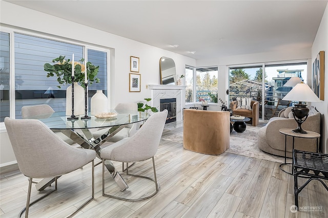 dining room with light hardwood / wood-style flooring and a premium fireplace