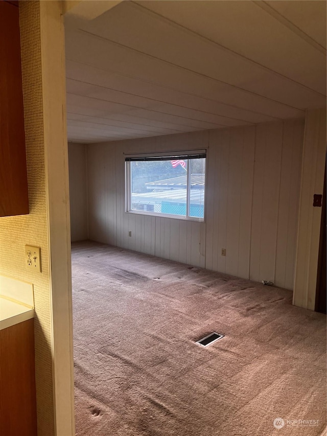 spare room with carpet floors and wooden walls