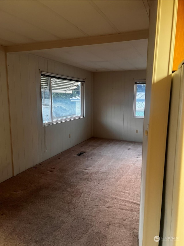 carpeted empty room with wood walls