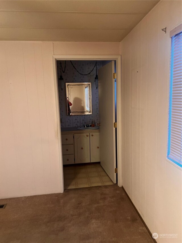 hall with carpet flooring, sink, and wooden walls