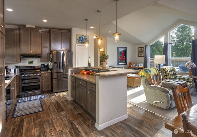 kitchen with dark hardwood / wood-style floors, an island with sink, pendant lighting, vaulted ceiling, and appliances with stainless steel finishes