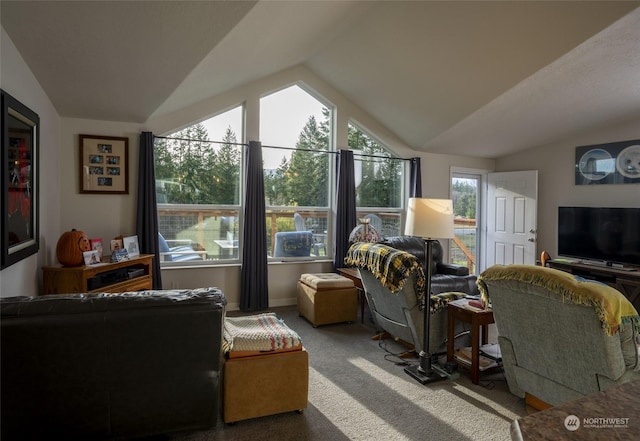 carpeted living room with vaulted ceiling