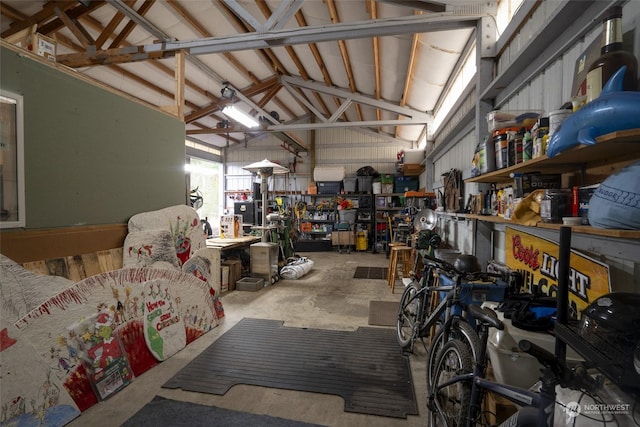 garage with a workshop area