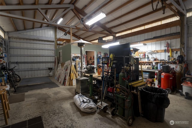 garage with a workshop area