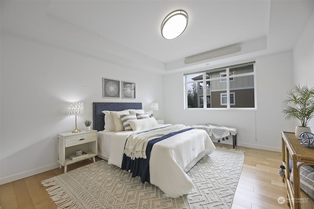 bedroom featuring wood-type flooring and a tray ceiling