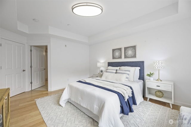 bedroom featuring wood-type flooring and a tray ceiling