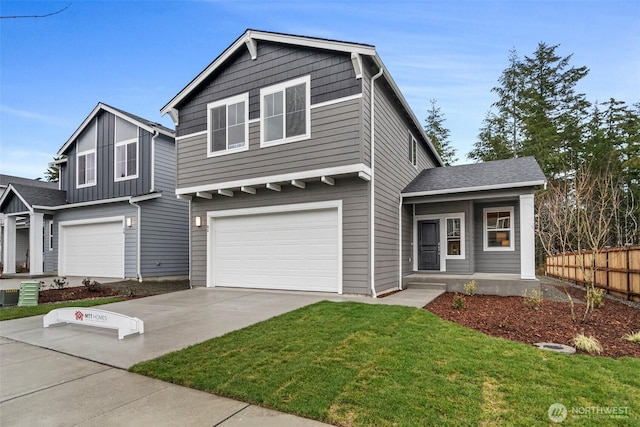 view of front of property featuring an attached garage, a shingled roof, fence, concrete driveway, and a front lawn