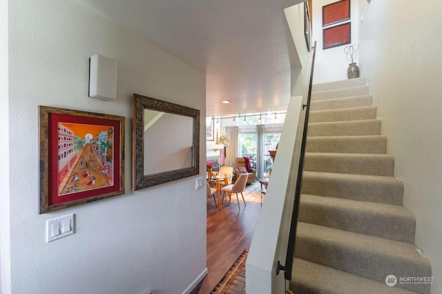 staircase featuring hardwood / wood-style flooring