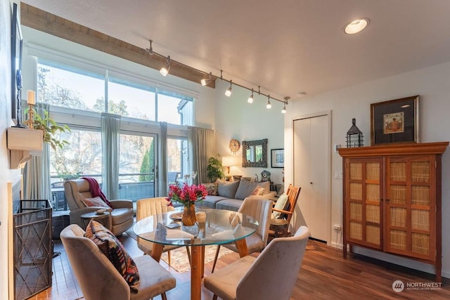 dining space featuring track lighting and dark hardwood / wood-style flooring