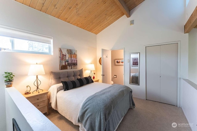 bedroom with carpet, beamed ceiling, wood ceiling, high vaulted ceiling, and a closet