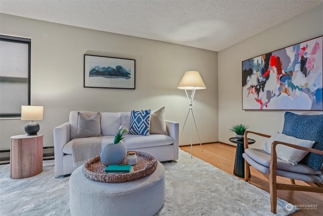 living room featuring wood-type flooring and a textured ceiling