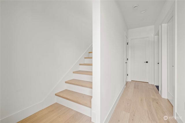 staircase with wood-type flooring