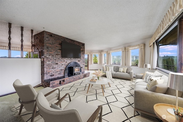 carpeted living room with a textured ceiling