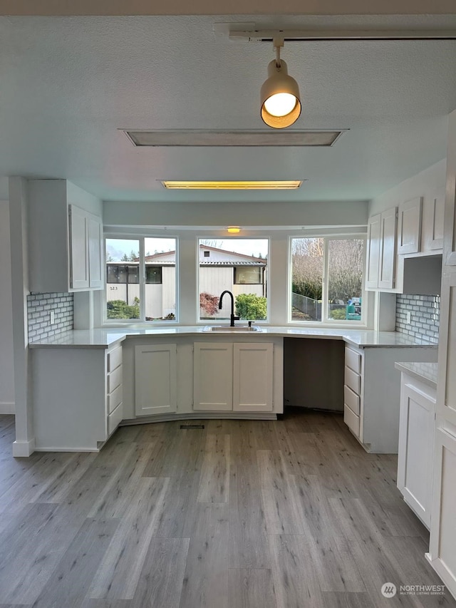 kitchen featuring decorative backsplash, light wood-type flooring, white cabinetry, and sink