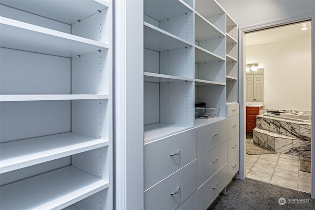 walk in closet featuring carpet flooring