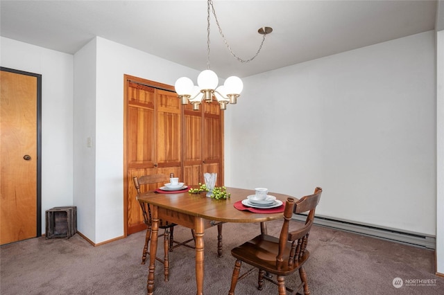 dining area with a baseboard heating unit, carpet flooring, and a notable chandelier