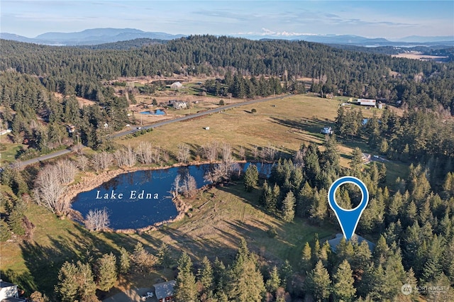 bird's eye view with a wooded view and a water and mountain view