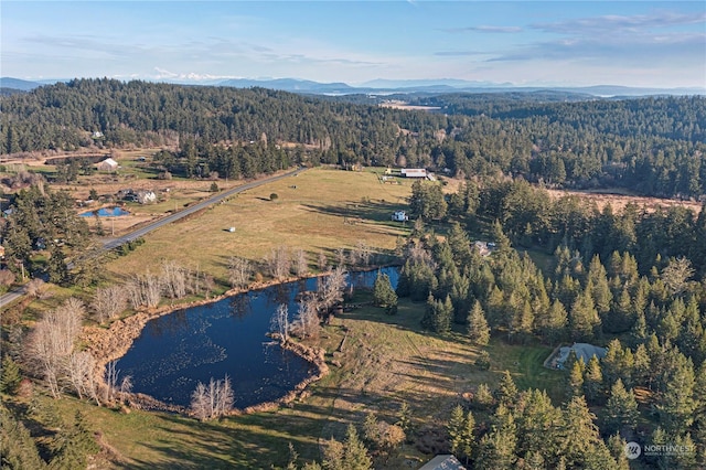 aerial view featuring a mountain view and a view of trees